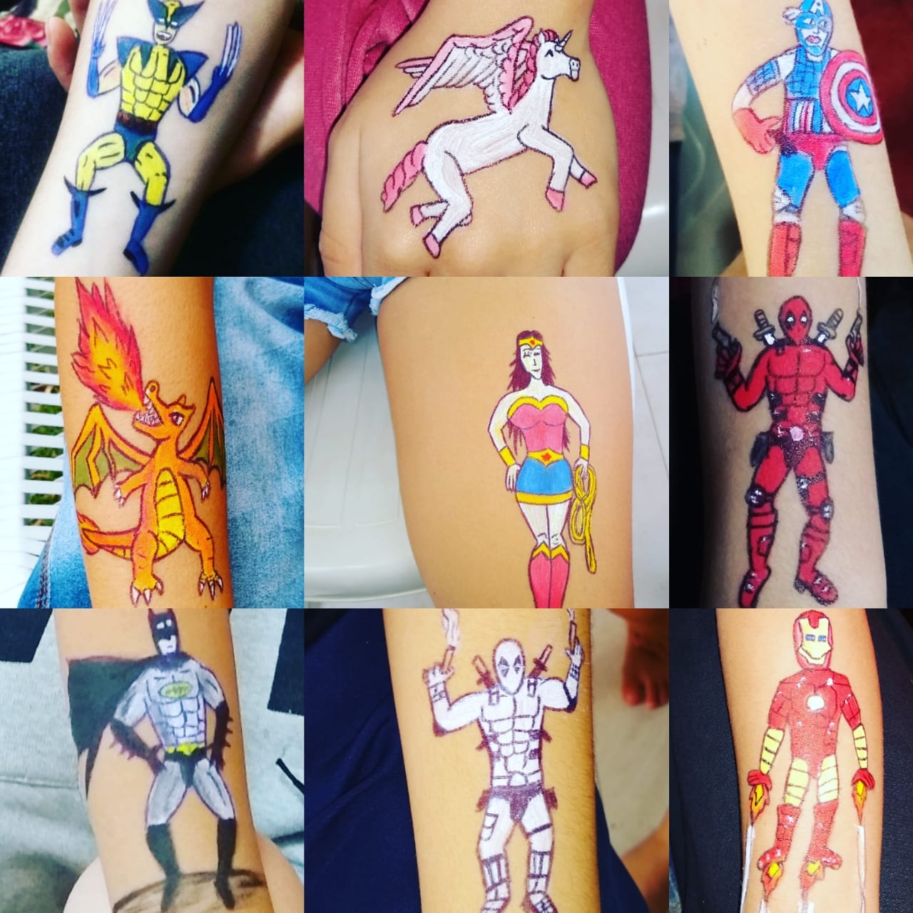 Pinturas de personagens feitas nos braços das crianças